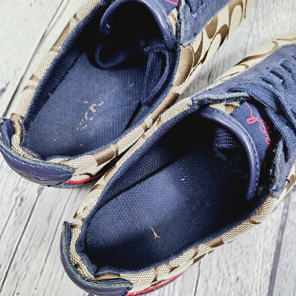 COACH | Devin khaki navy suede laceup monogram spellout sneaker - Picture 8 of 9
